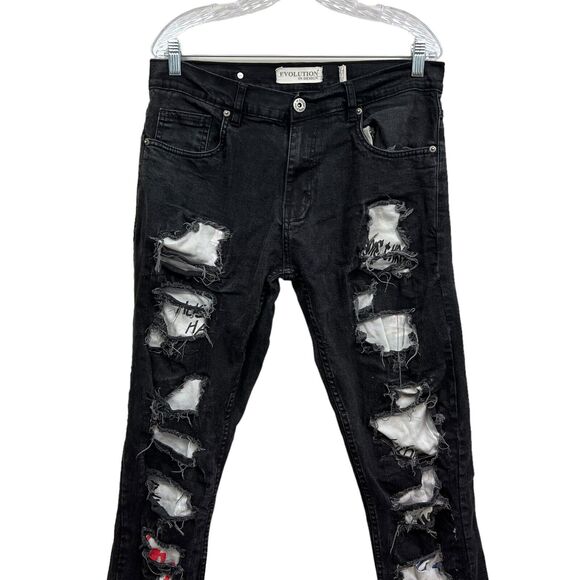 Evolution In Design Mens Jeans Stretch Distressed Raw Graffiti‎ Black Size 34 - Picture 2 of 7